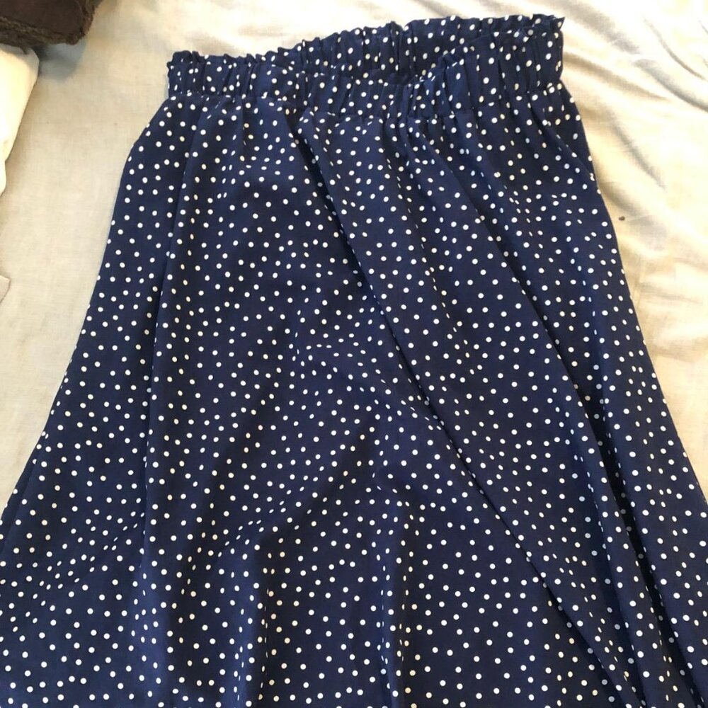 navy and blue polka dot midi skirt